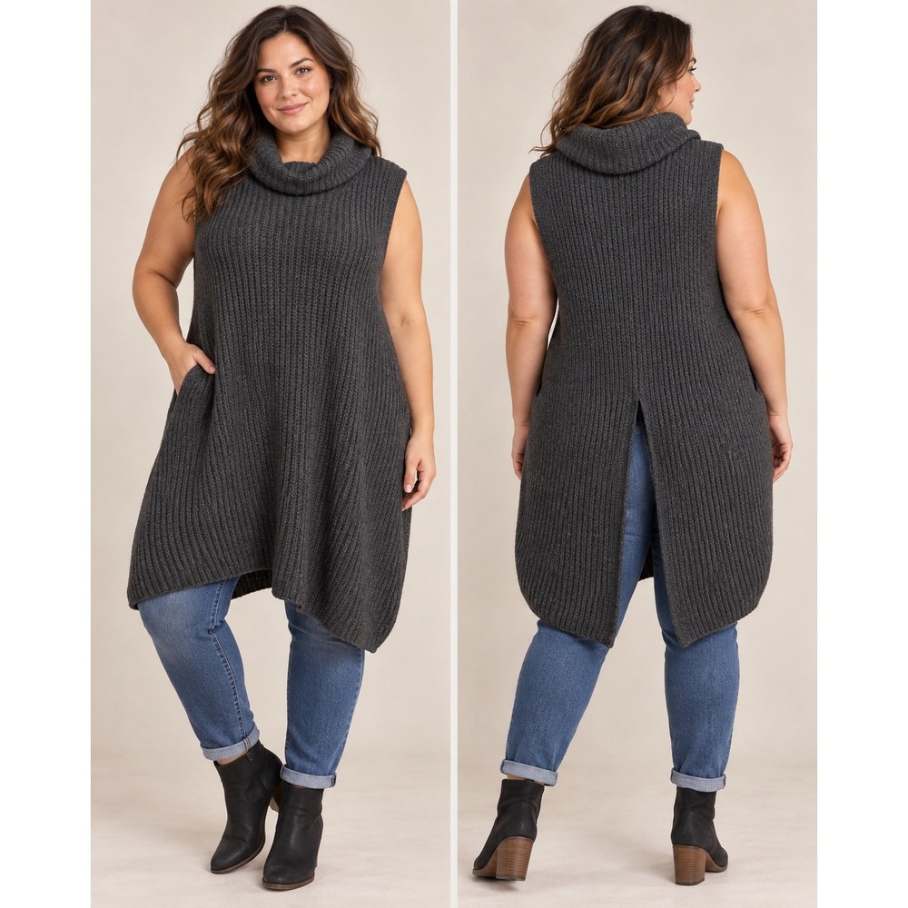 Free People Charcoal Grey Chunky Ribbed Cowl Neck Sleeveless Tunic Sweater L